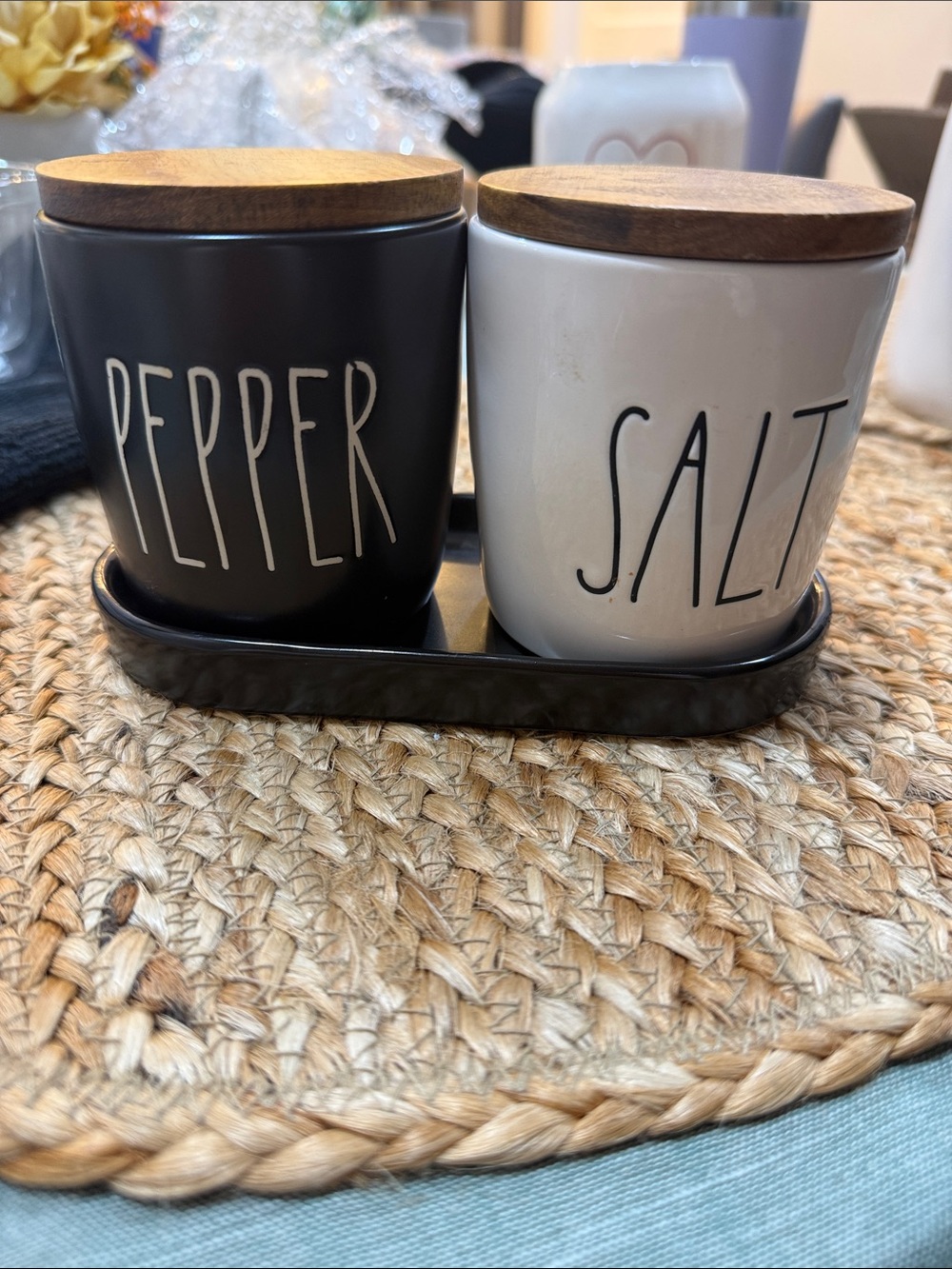 Salt & Pepper Ceramic Canister Set with Wooden Lids - Black and White